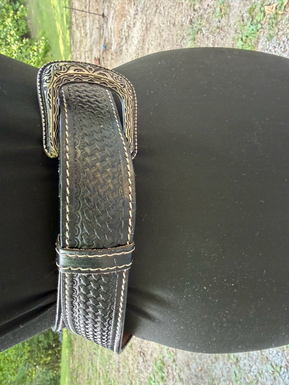 Tooled Black Leather Western Belt with Silver Buckle